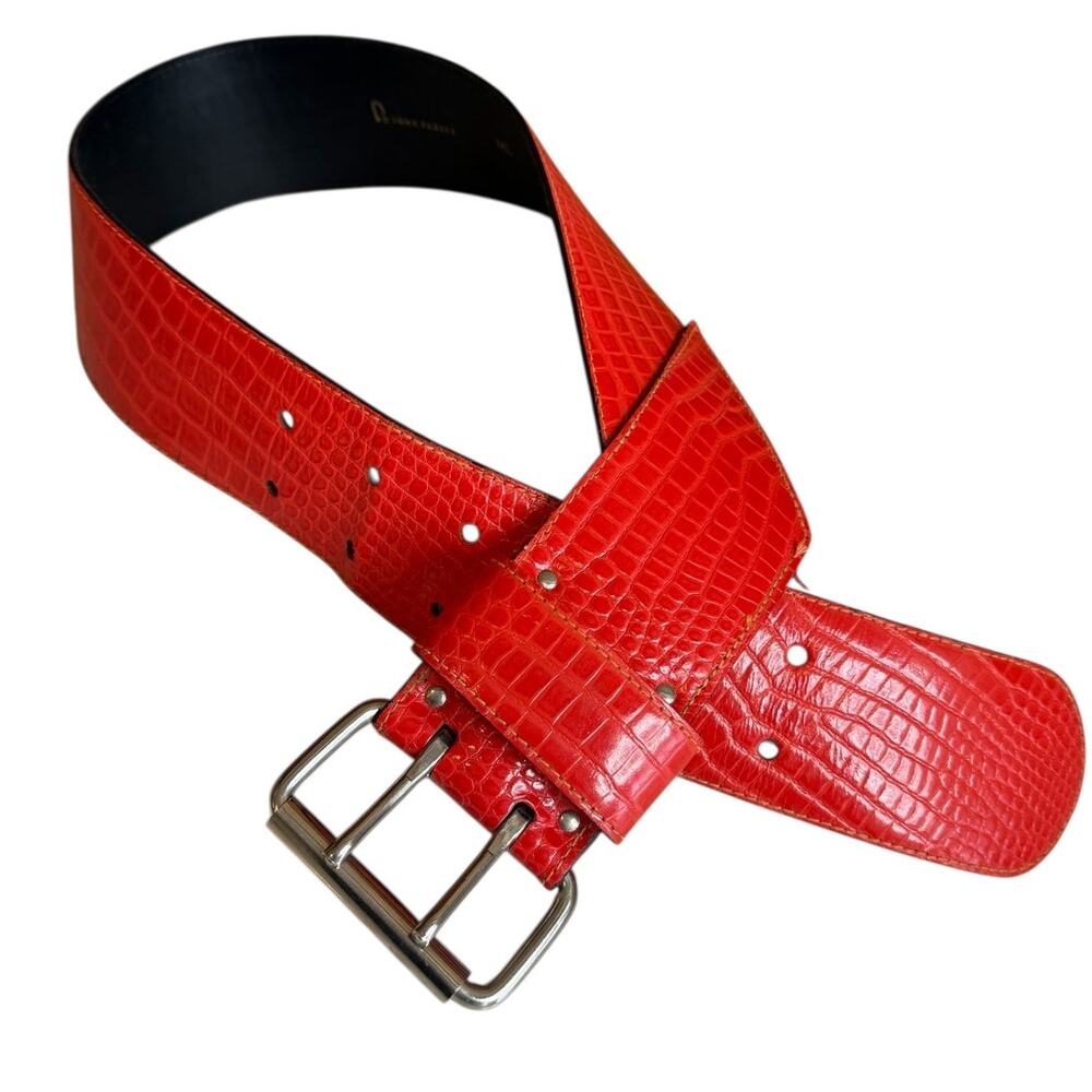 Vintage 80s Donna Parker Statement Belt Double Prong Wide V Red Croc